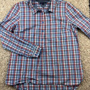 Tommy Hilfiger Shirt Large Blue White Red Plaid 1/2 Button Up Casual Women Polo